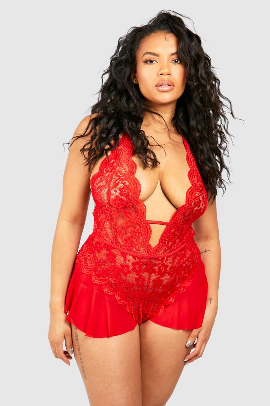 Red Plus Plunge Lace Detail Teddy image number 1