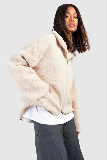 Funnel Neck Teddy Faux Fur Jacket stone