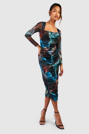 Abstract Square Neck Ruched Mesh Midi Dress multi