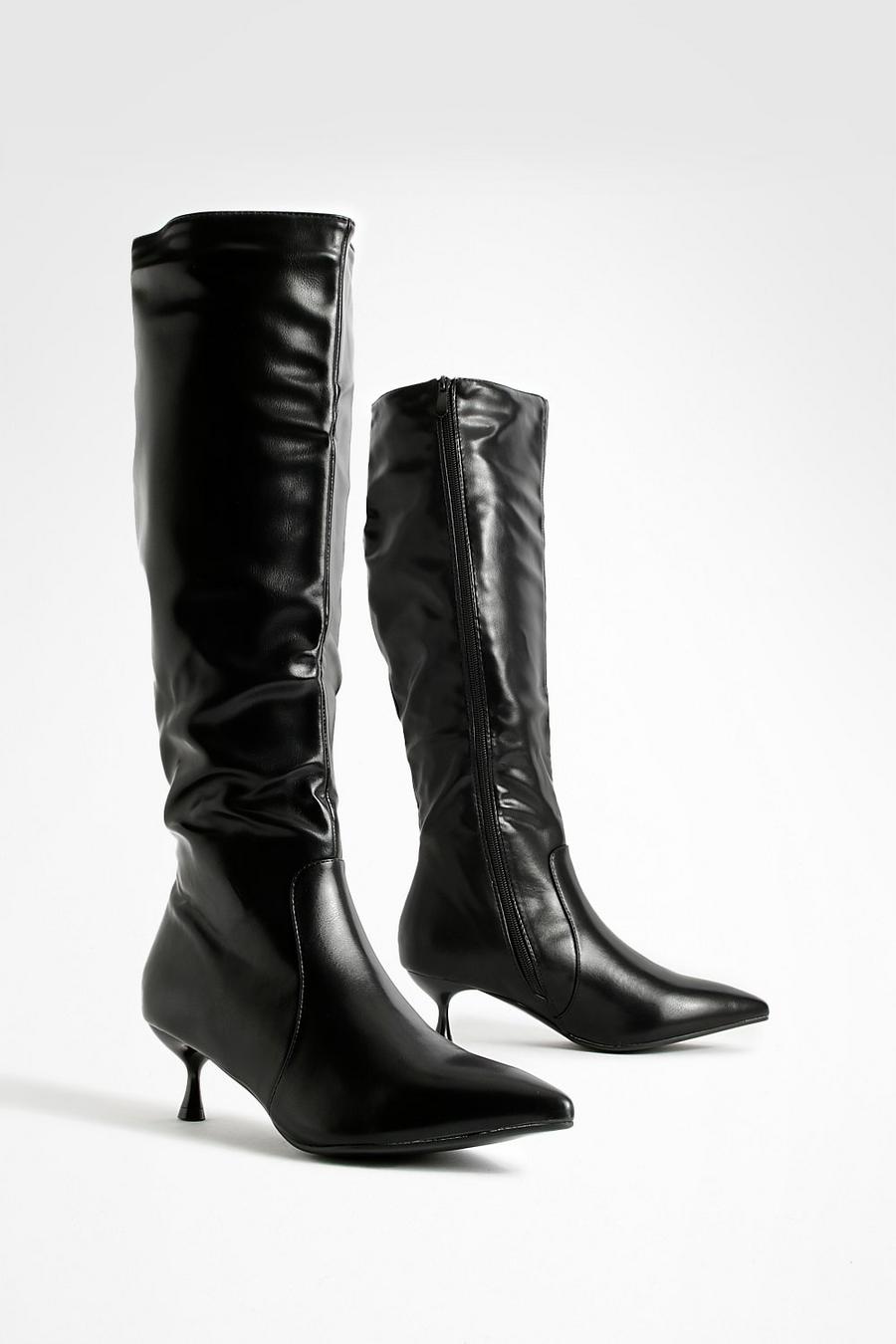 Black Low Heel Pointed Toe Knee High Boots image number 1