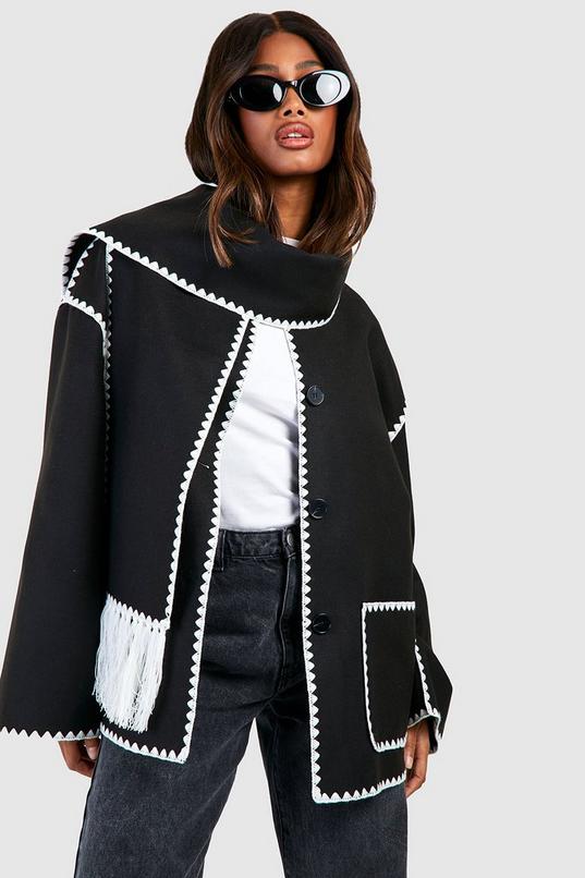 Parisian Destiny Grey Contrast Stitch Jacket With Scarf
