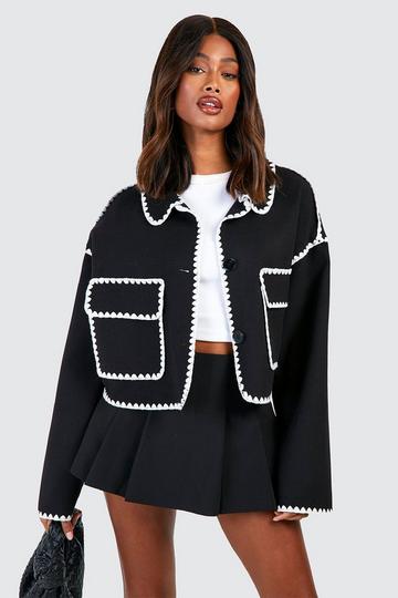 Black Contrast Stitch Detail Collared Jacket