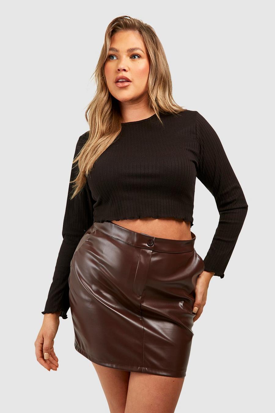 Chocolate brown Plus Pu Mini Skirt 