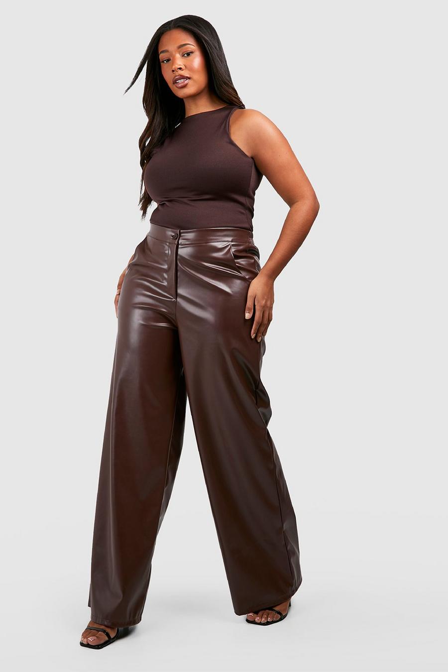 Grande taille - Pantalon large en simili, Chocolate image number 1