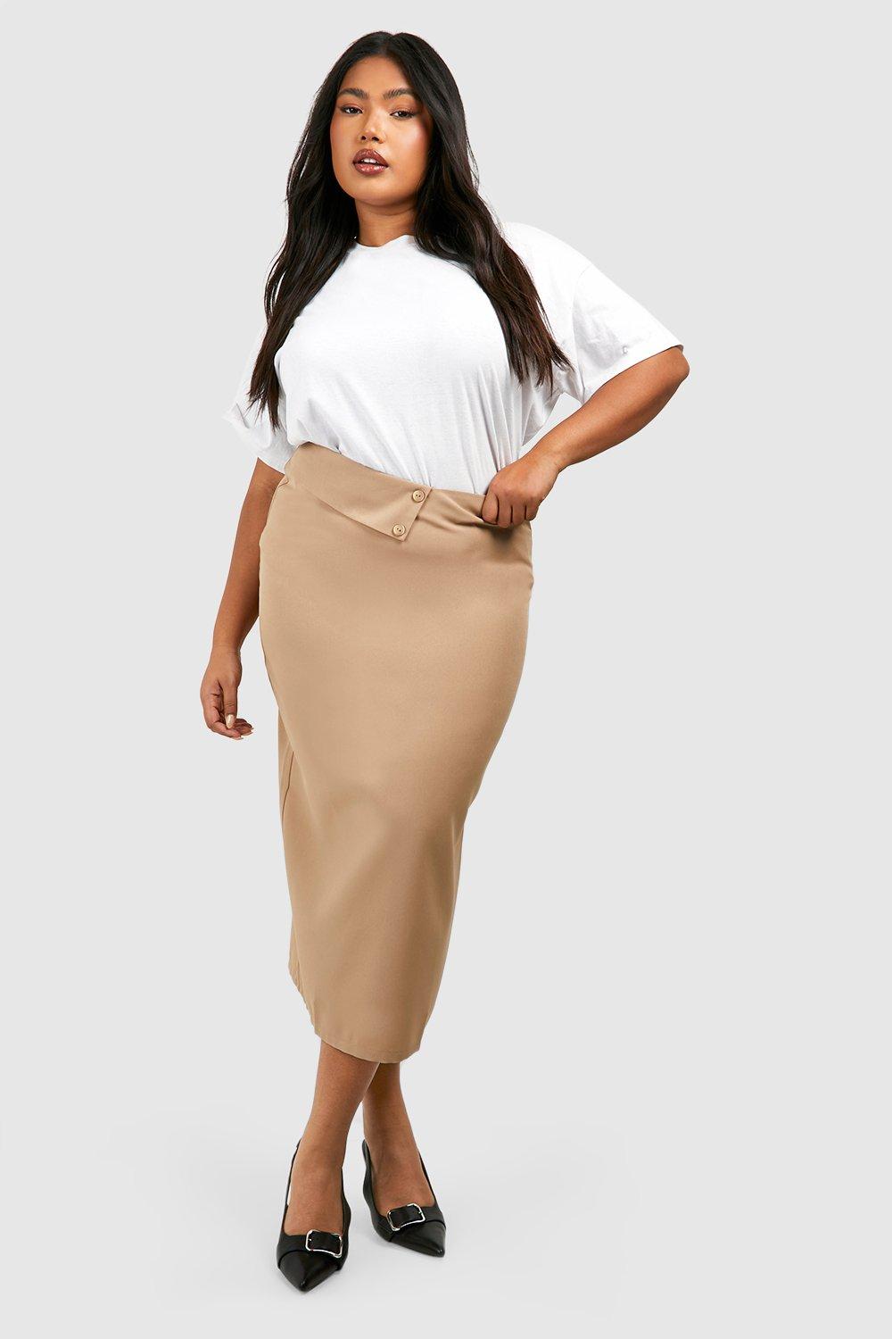 Plus Crepe Fold Over Waist Detail Midi Skirt boohoo