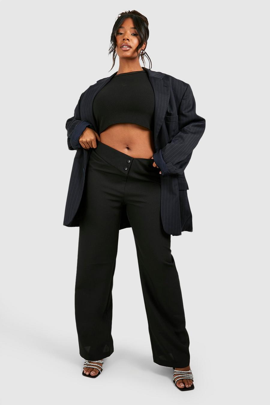 Black Plus Crepe Fold Over Waist Detail Trousers image number 1