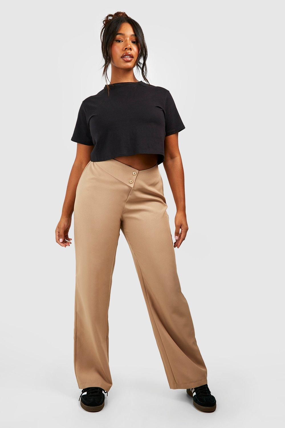 Black Bi-stretch Woven Fold Over Waist Straight Leg Pants