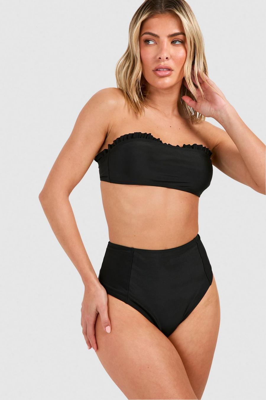 Bandeau-Bikini mit Rüschen und hohem Bund, Black