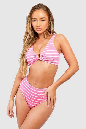 Stripe Crinkle O-ring Bikini Set pink