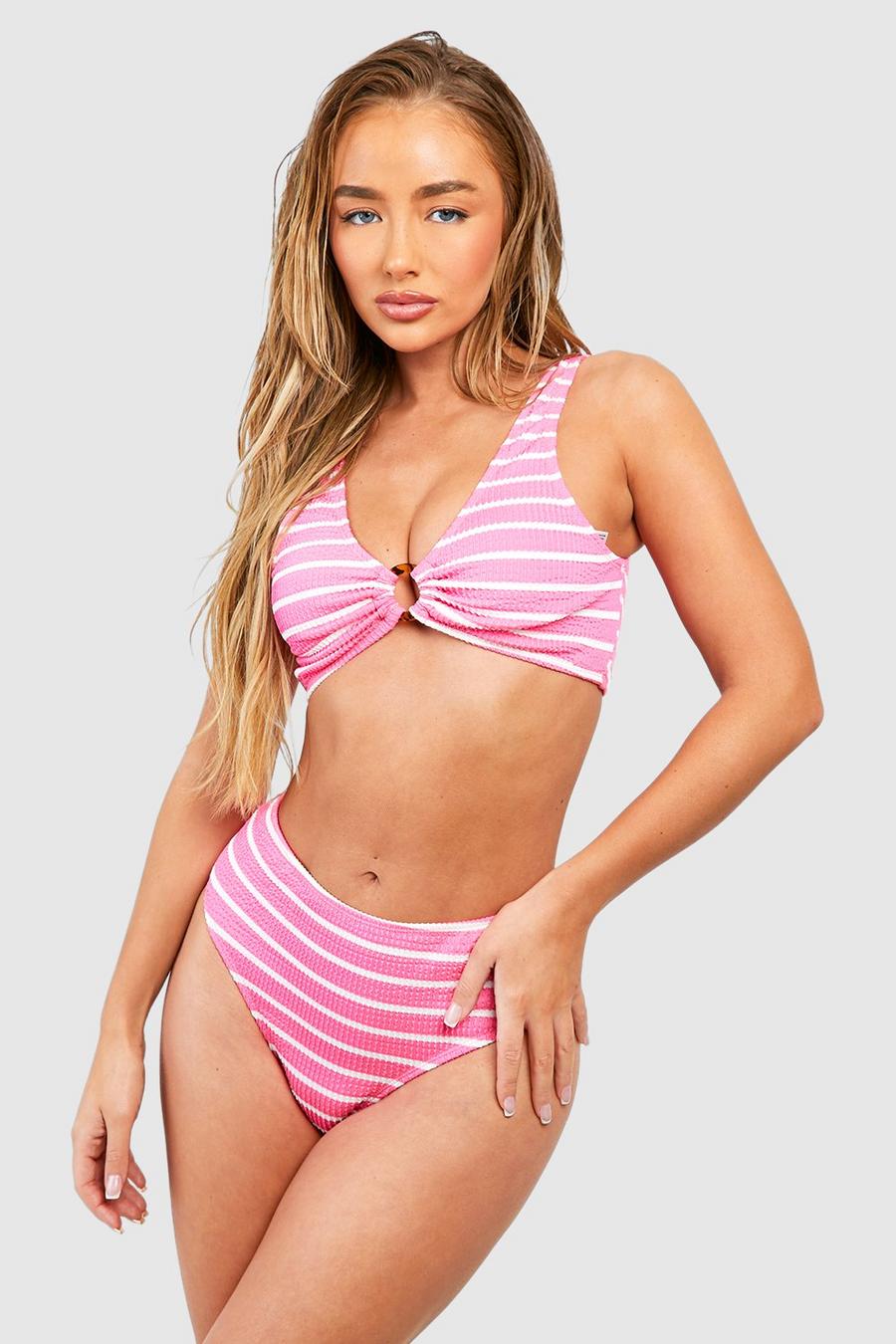 Pink Gestreepte Gekreukelde Bikini Set Met O-Ring