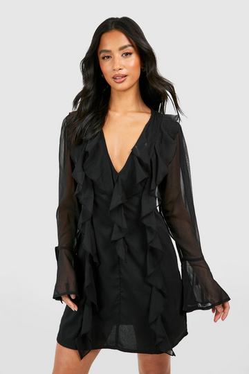 Black Petite Chiffon Frill Mini Dress