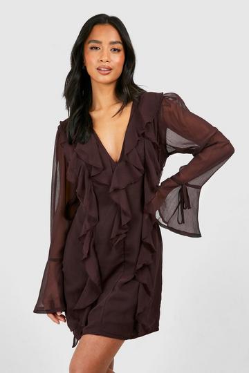 Petite Chiffon Frill Mini Dress chocolate