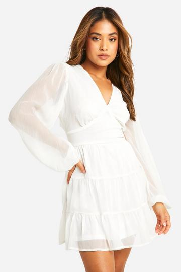 Petite Tiered Crinkle Chiffon Smock Dress white