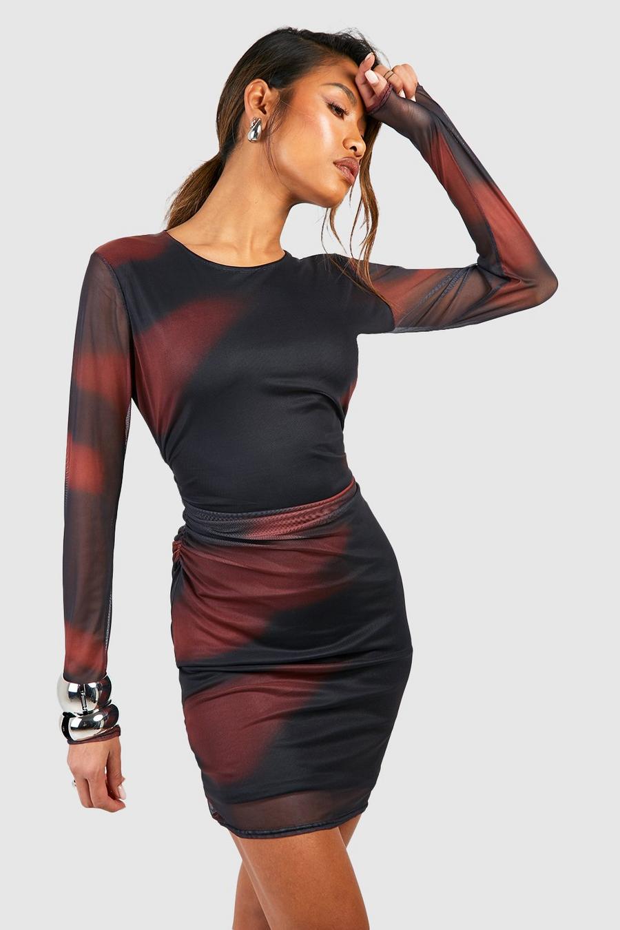 Black Abstract Printed Mesh Long Sleeve Ruched Mini Dress image number 1