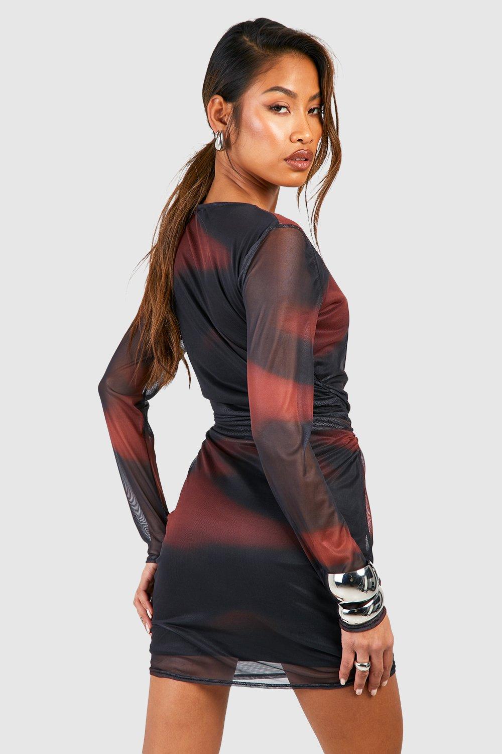 Abstract Printed Mesh Long Sleeve Ruched Mini Dress