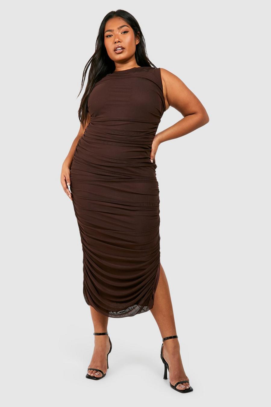 Grande taille - Robe longue froncée en tulle, Chocolate image number 1