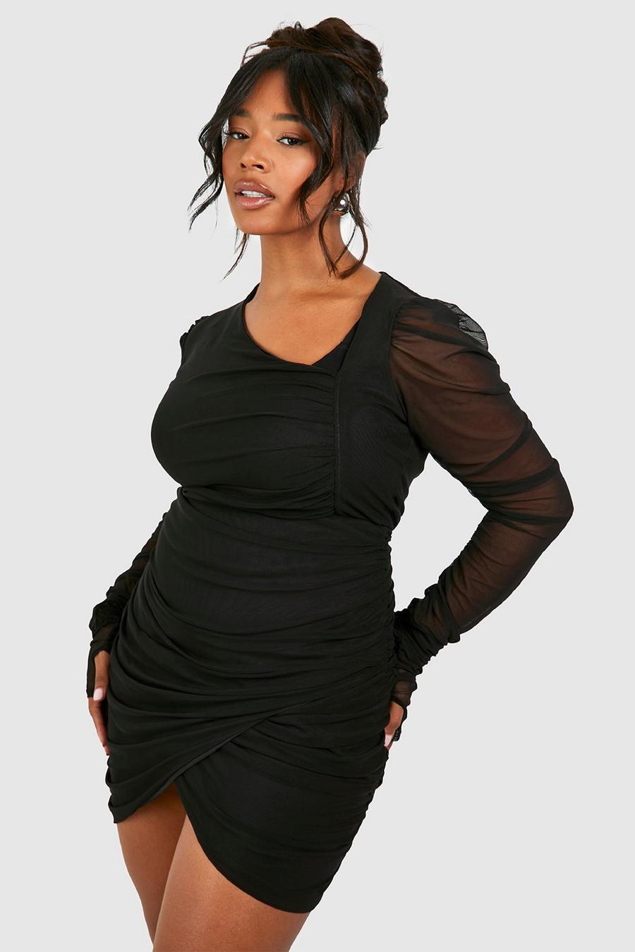 Plus gerafftes Bodycon-Kleid aus Mesh, Black image number 1