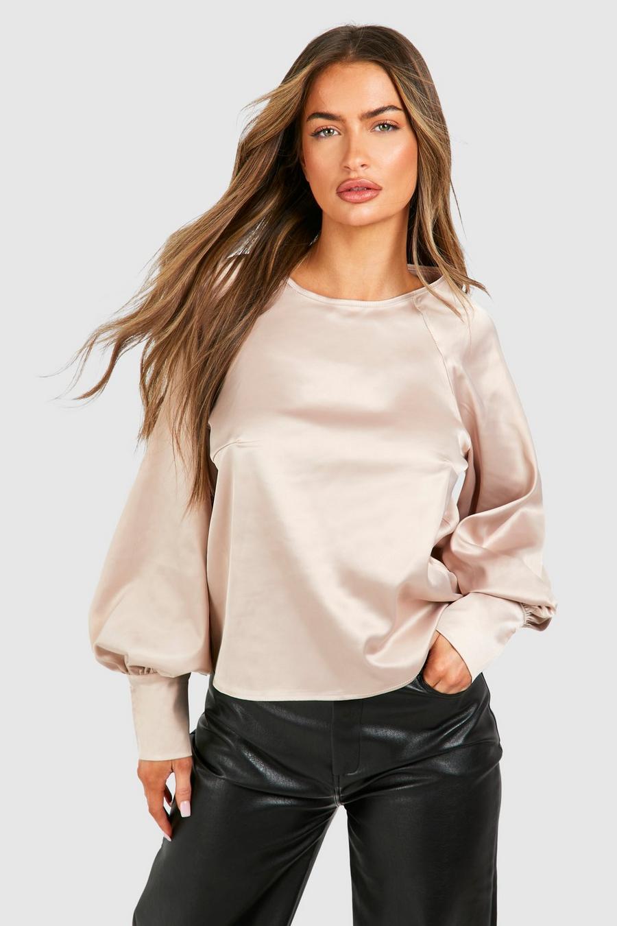 Champagne Satin Deep Cuff Boxy Blouse image number 1