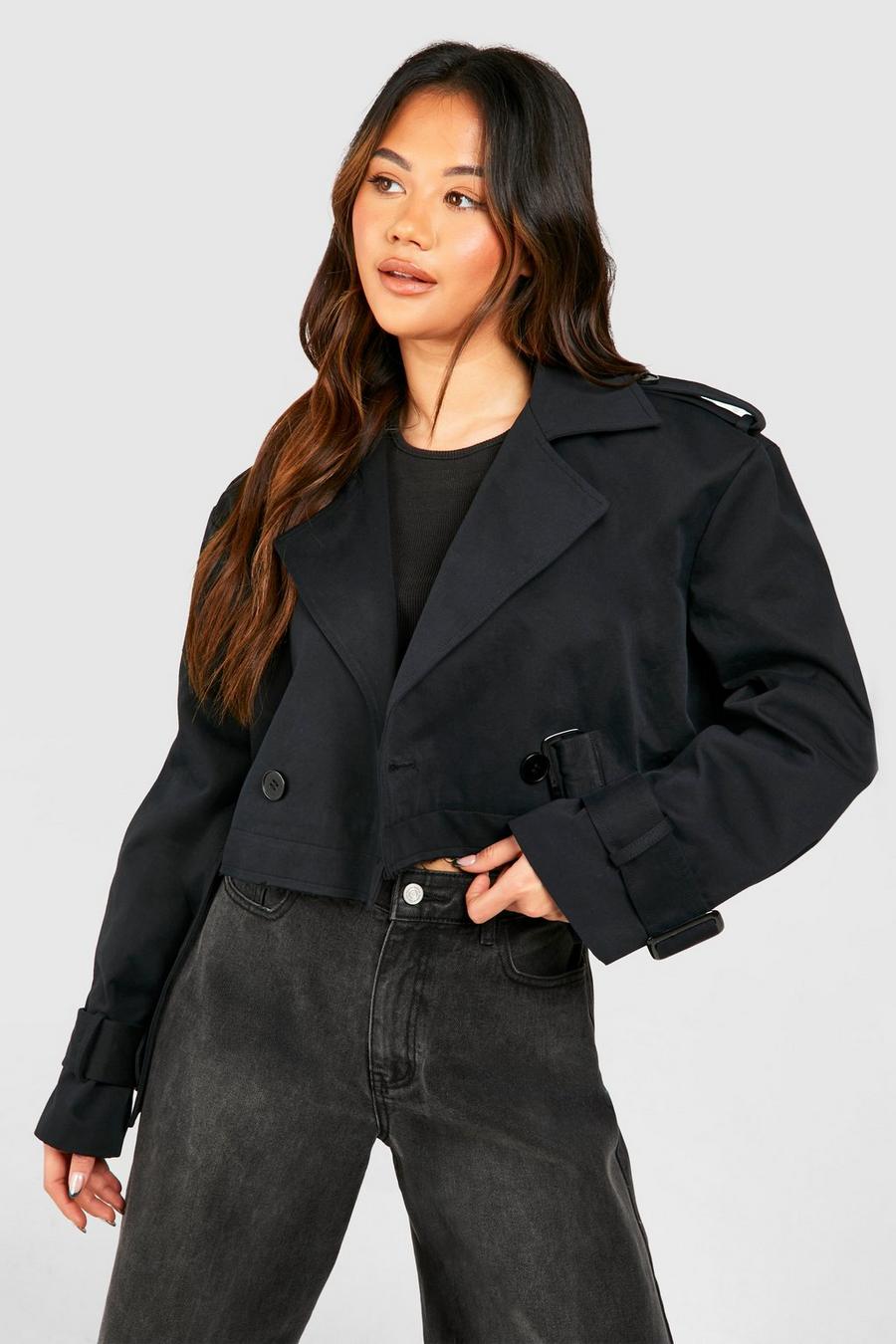 Black Crop Belted Trench Coat image number 1