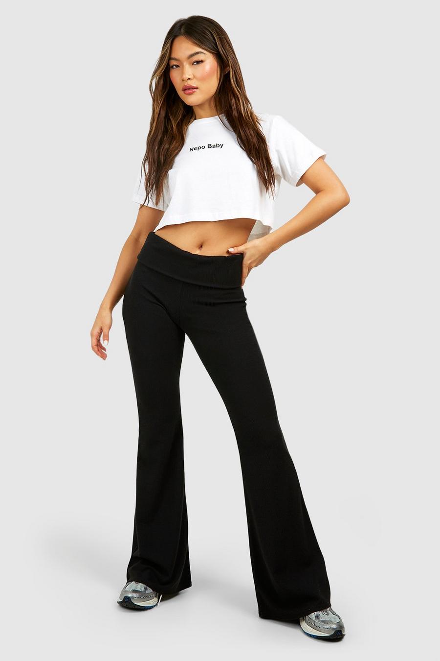 Black High Waisted Ruched Bum Jersey Flared Trousers