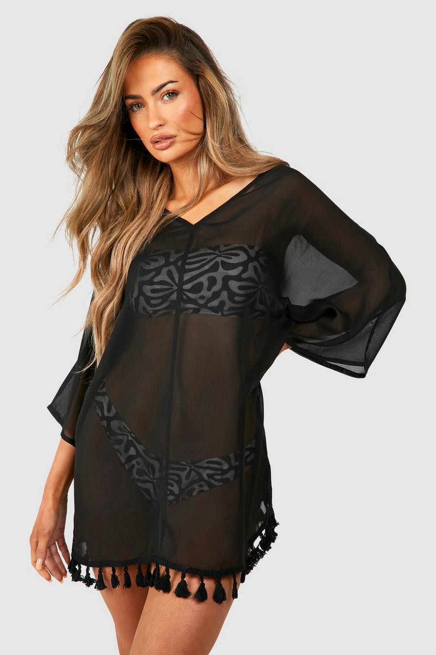 Black Tassel Hem Cover-up Beach Dress image number 1