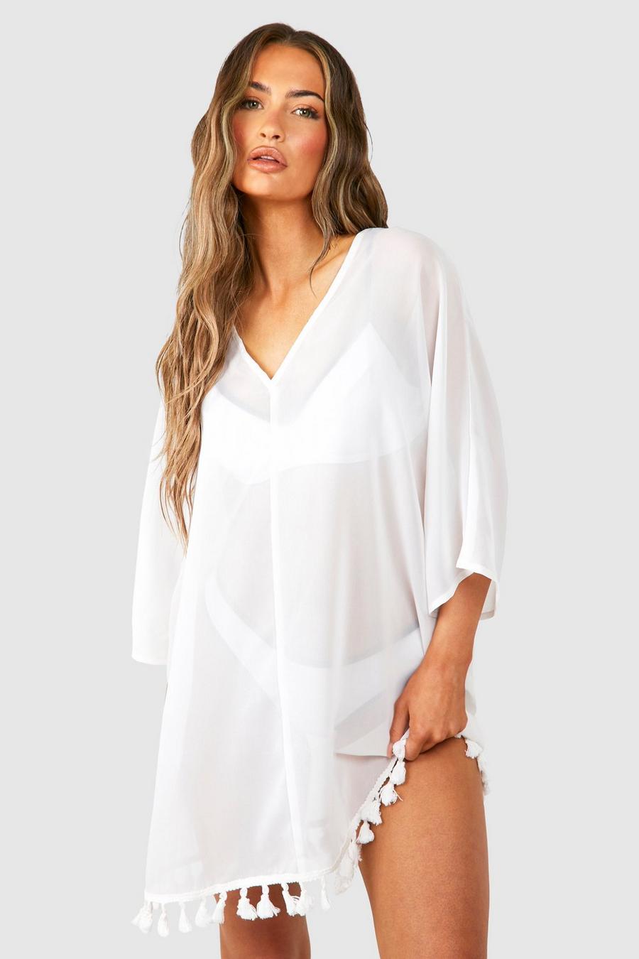 White Tassel Hem Cover-up Beach Dress image number 1