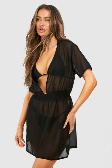 Black Shirred Waist Mini Beach Kaftan