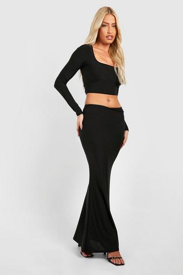 Square Neck Long Sleeve Top & Mid Rise Maxi Skirt Set black