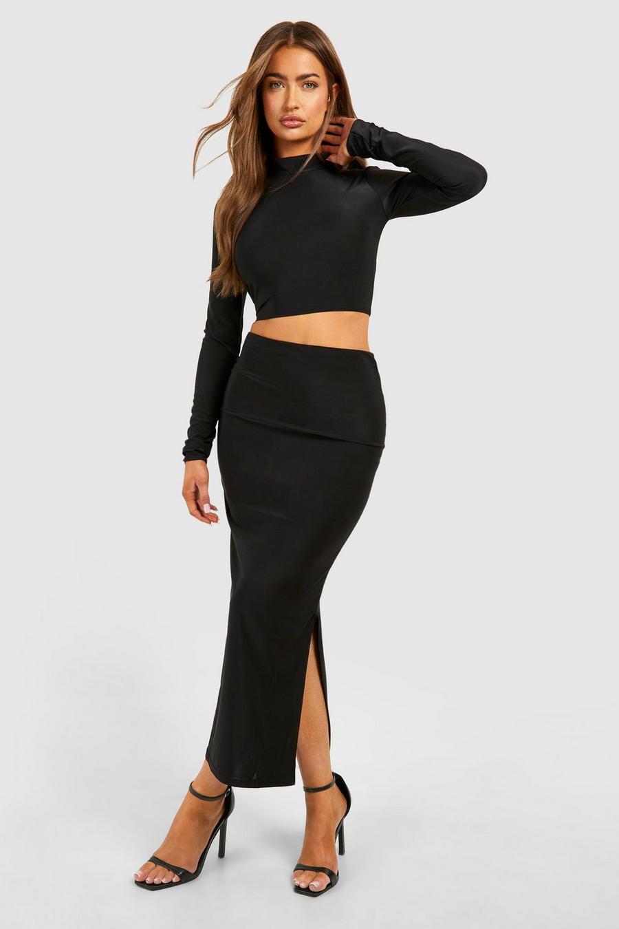 Black High Neck Long Sleeve Top & Bodycon Midi Skirt Set image number 1