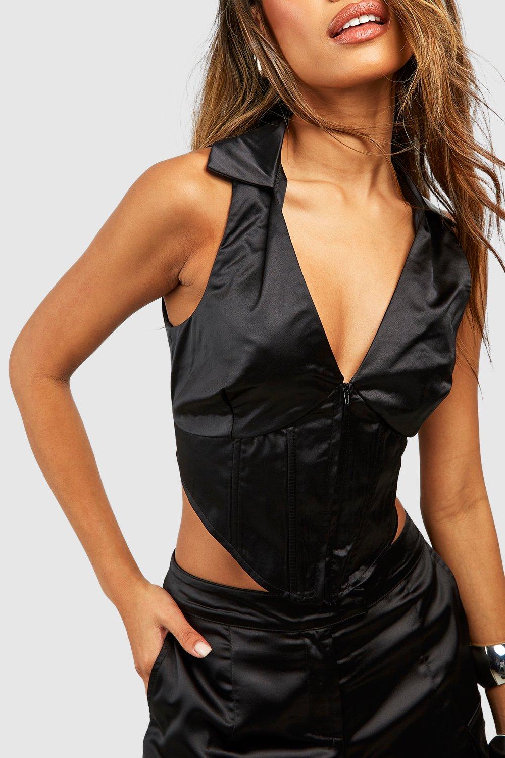 Plunge-neck Corset in Black Satin Silk