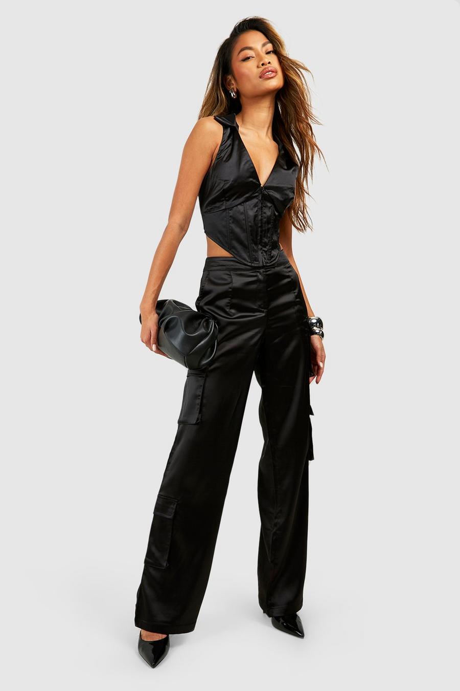 Black Satin Mid Rise Pocket Cargo Trousers image number 1