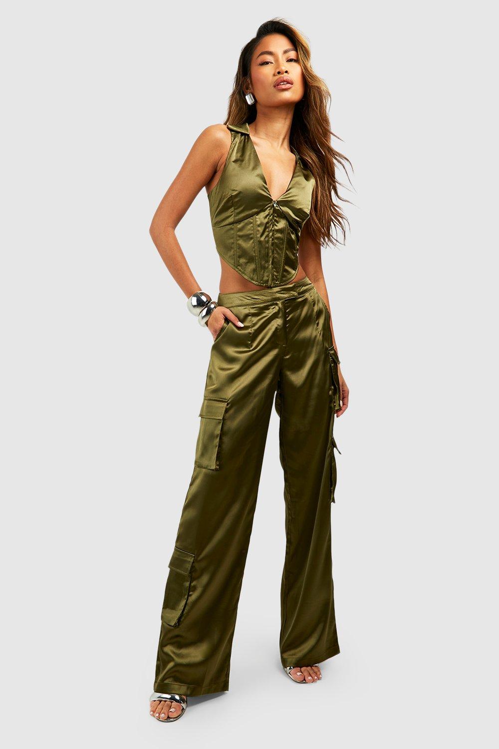 Khaki satin cargo store pants