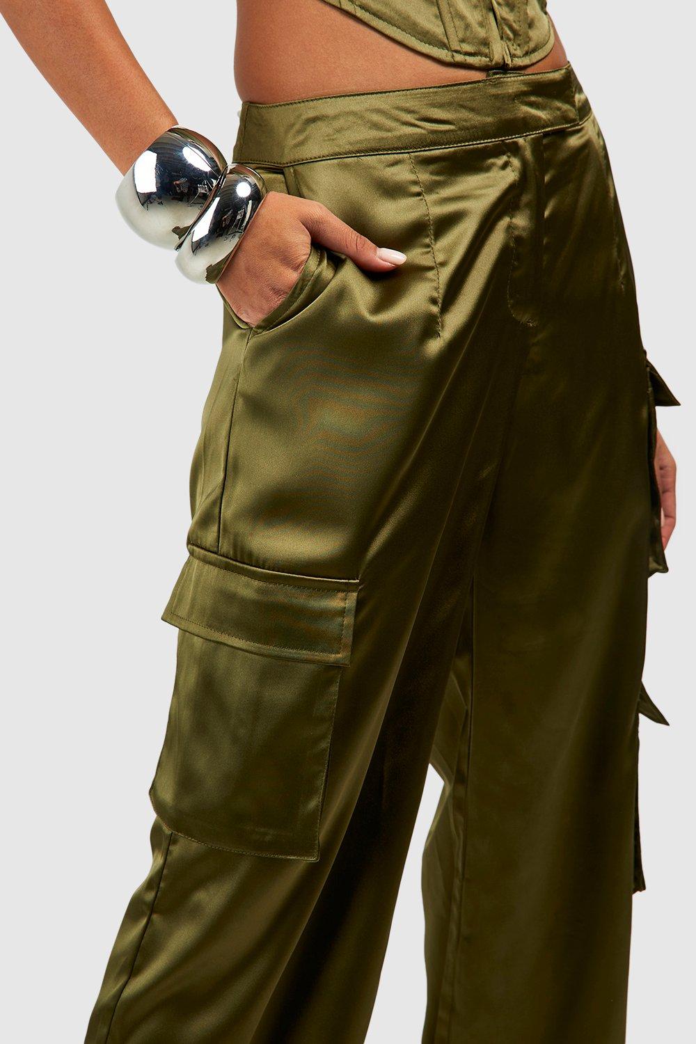 Khaki satin cargo store pants