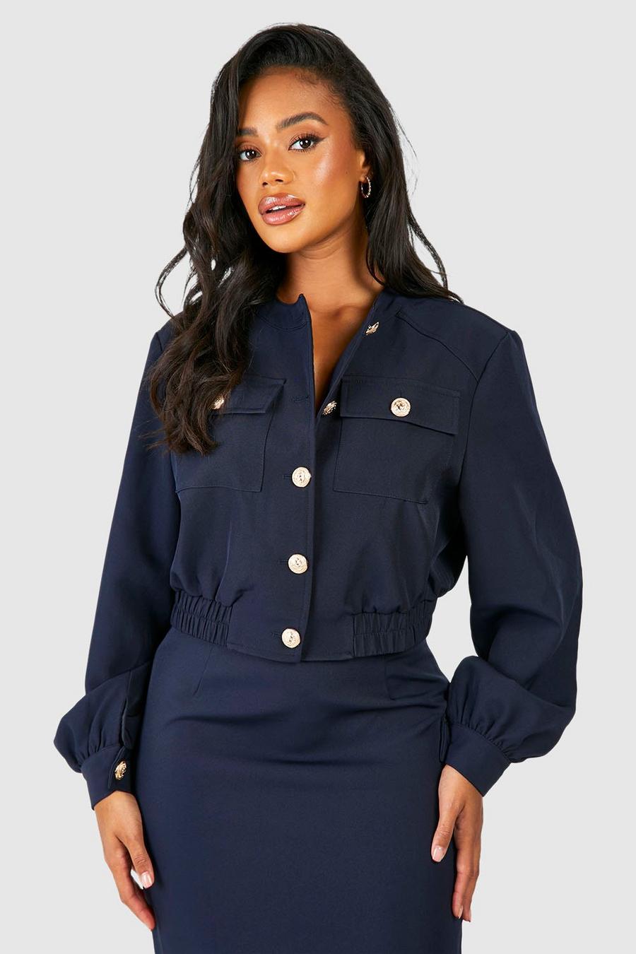 Dark navy Relaxed Fit Gold Button Bomber image number 1