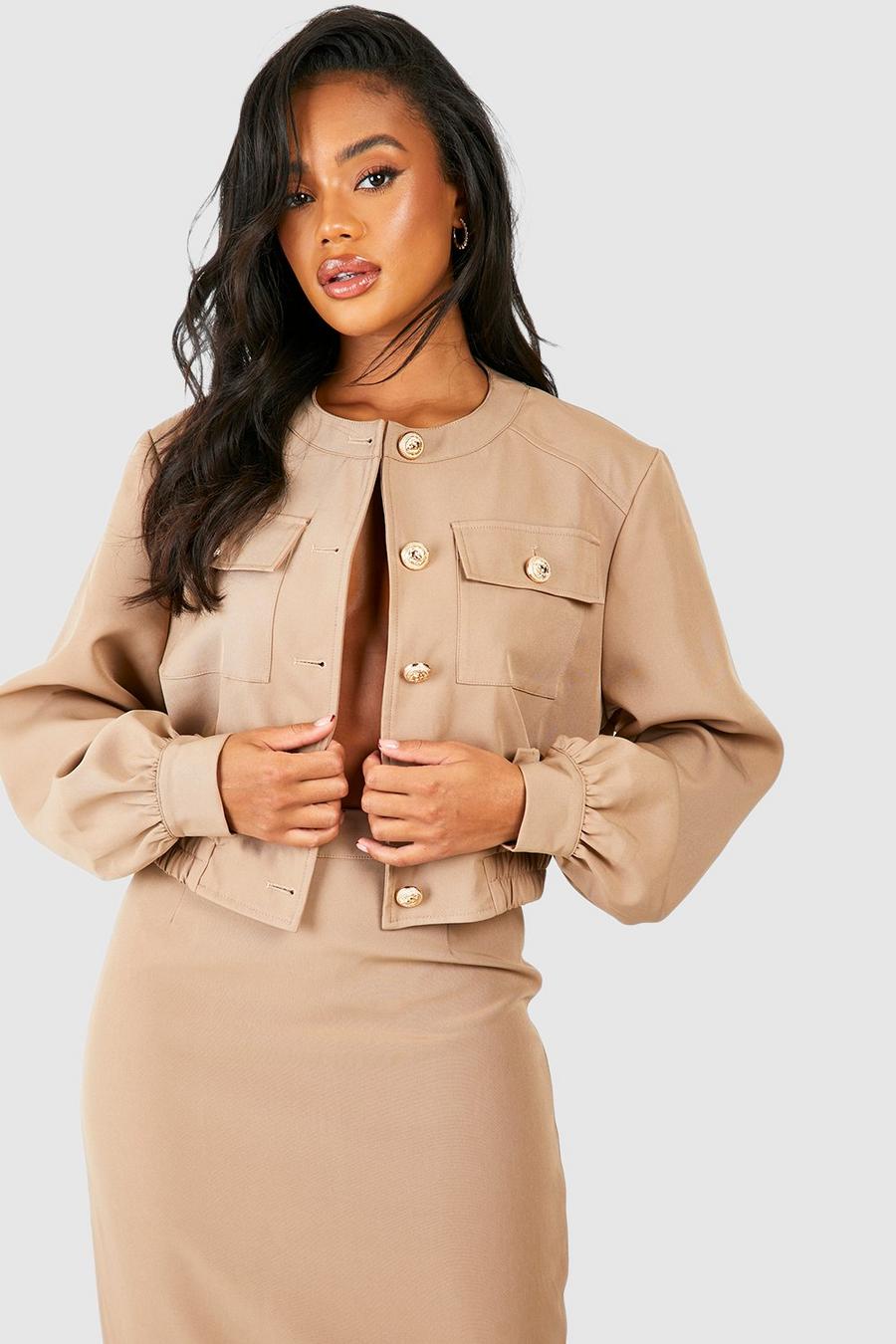 Soft beige Relaxed Fit Gold Button Bomber image number 1