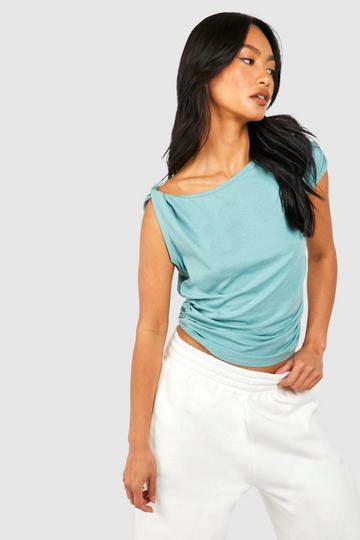 Premium Super Soft Ruched One Shoulder Drape Top azure