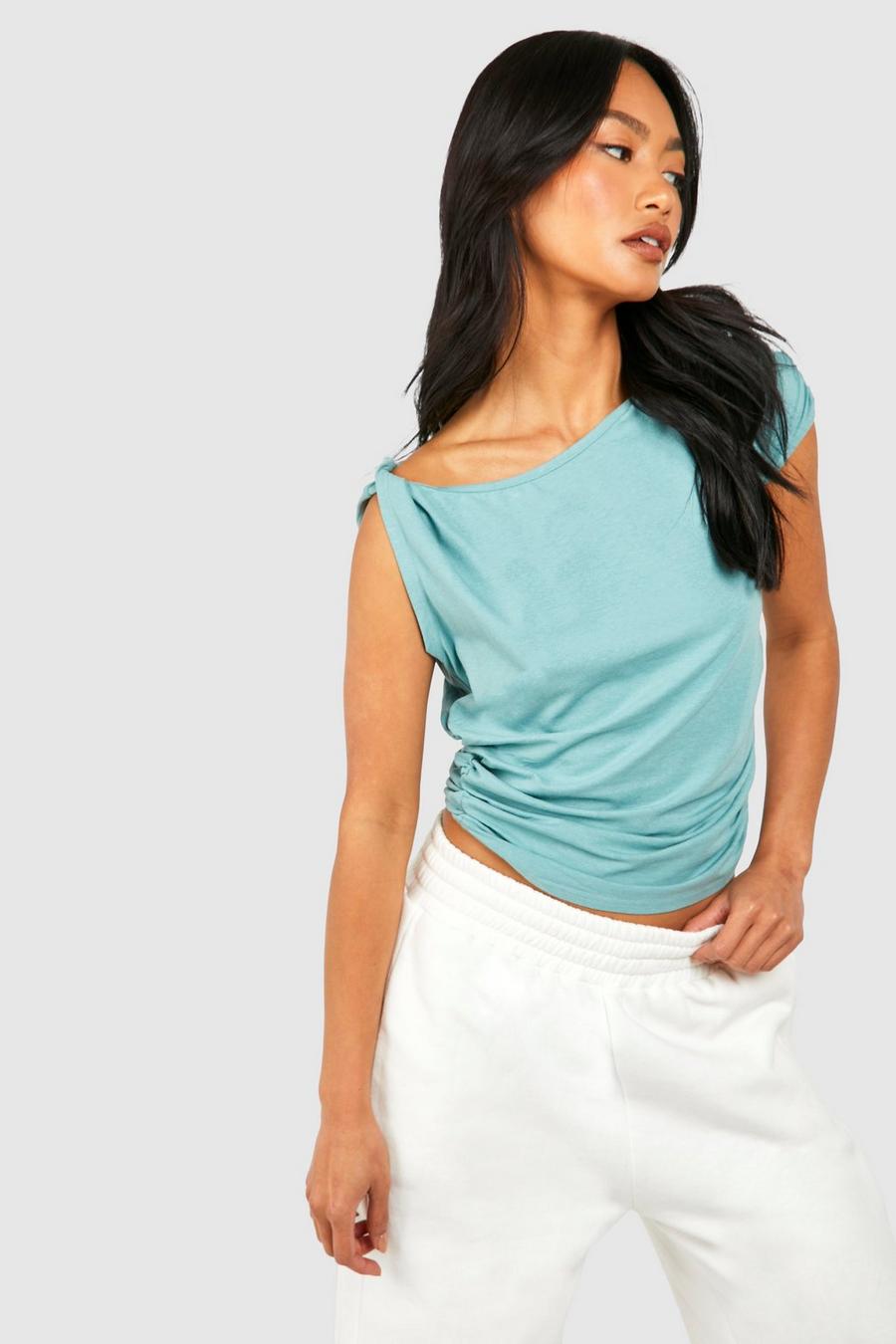 Azure Premium Mjuk draperad one shoulder-topp med rysch image number 1