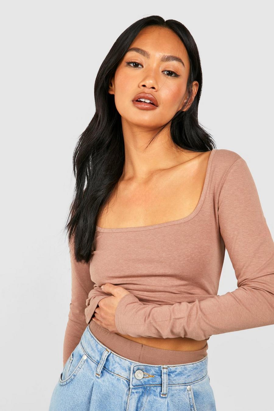 Taupe Premium Super Soft Square Neck Long Sleeve Top  image number 1