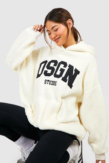 Cream White Dsgn Studio Applique Borg Oversized Hoodie