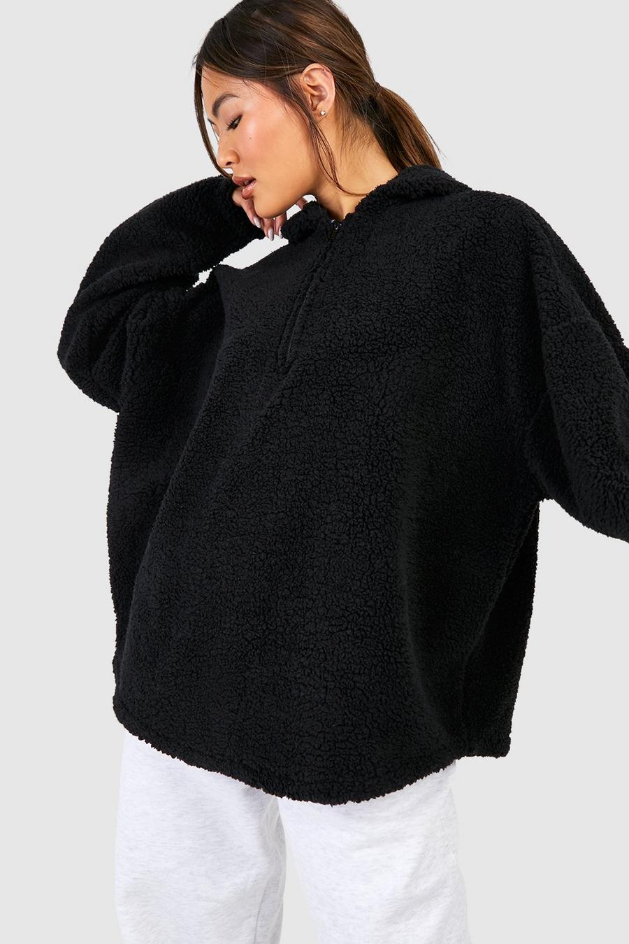 Black Oversize hoodie i teddy med kort dragkedja image number 1