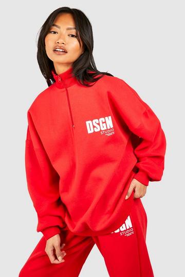 Dsgn Studio Text Print Slogan Half Zip Oversized Sweatshirt red