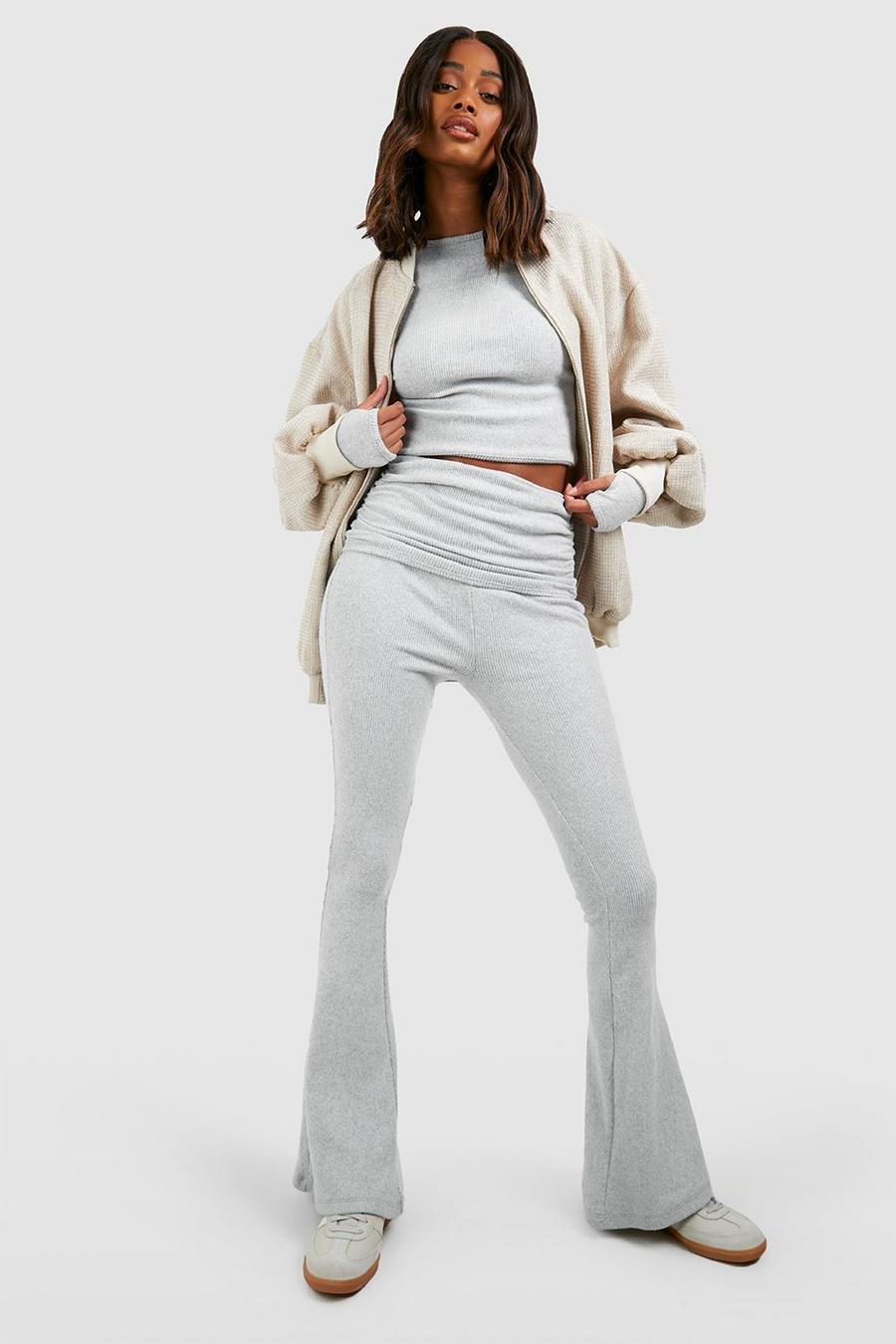 Light grey Brushed Rib Long Sleeve Top And Fold Over Flared Pants image number 1