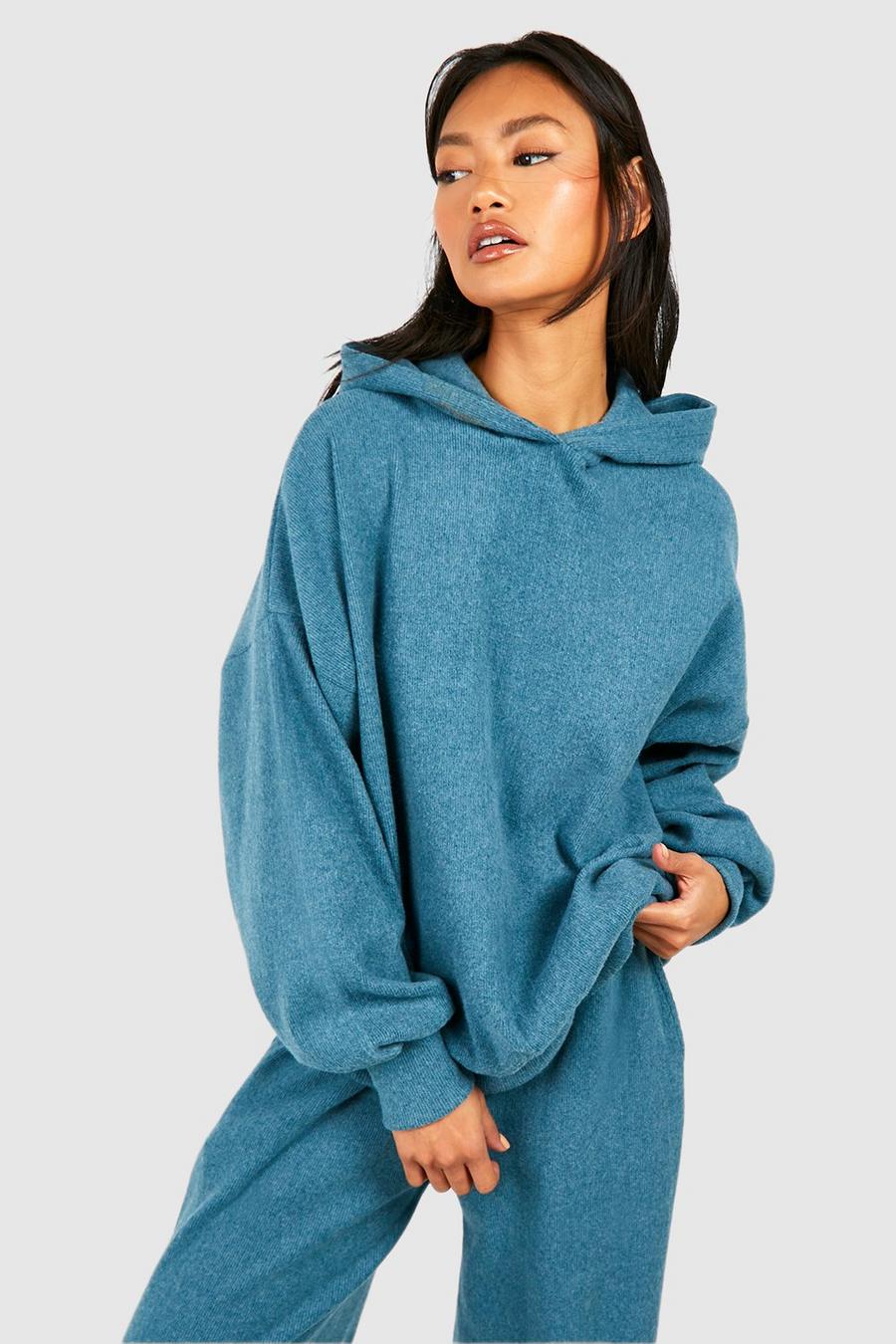 Teal Ribbad oversize hoodie med borstad yta image number 1