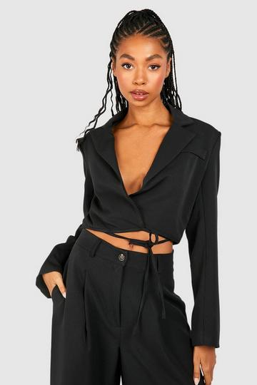 Black Marl Tie Waist Pocket Detail Crop Blazer