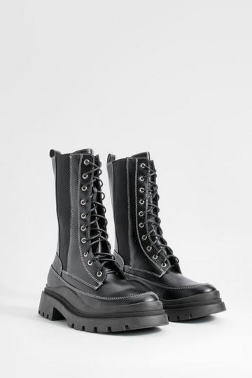 Chunky Calf High Lace Up Combat Boots black
