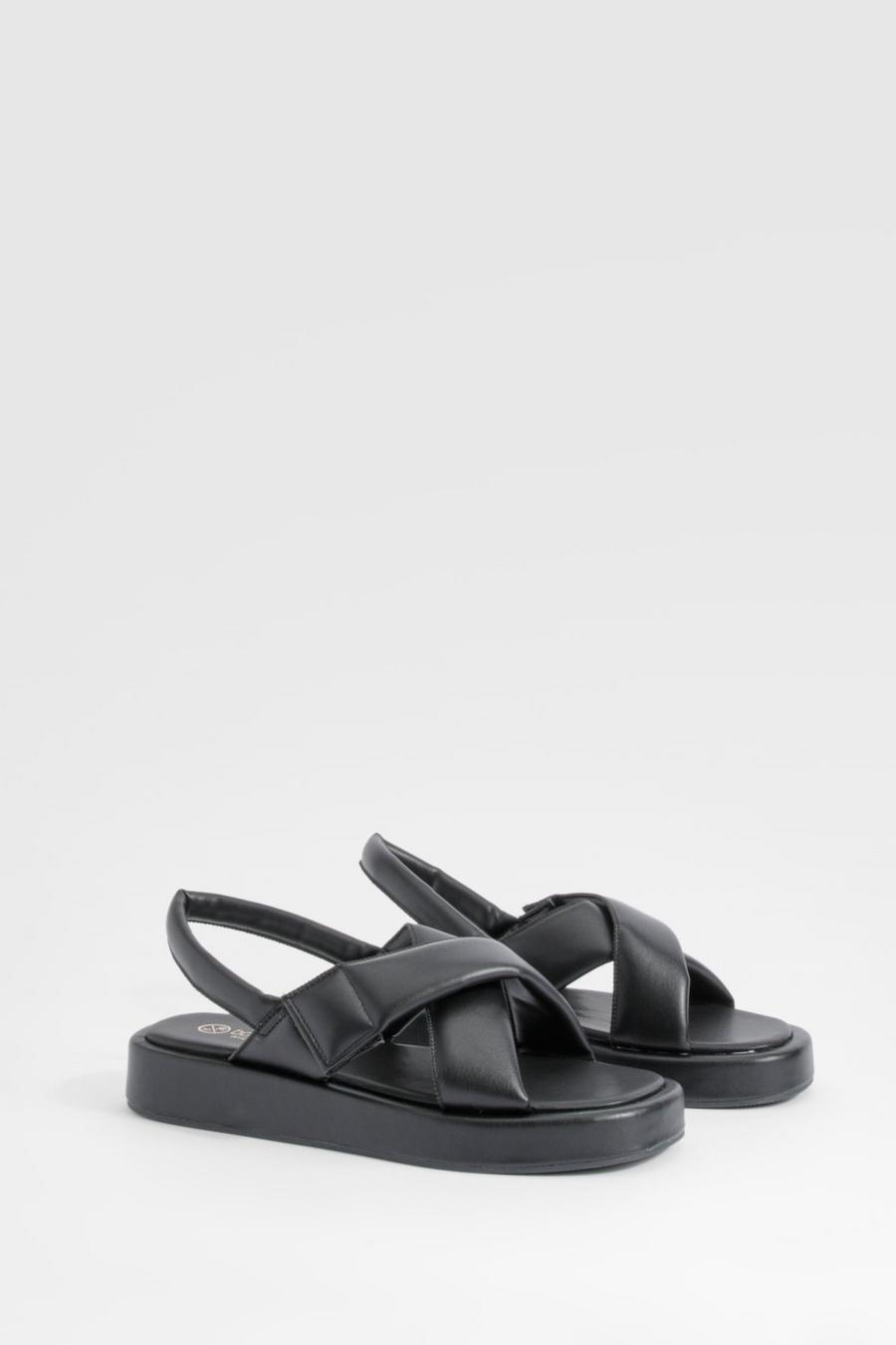 Sandalias planas gruesas de holgura ancha acolchadas con tiras cruzadas, Black image number 1