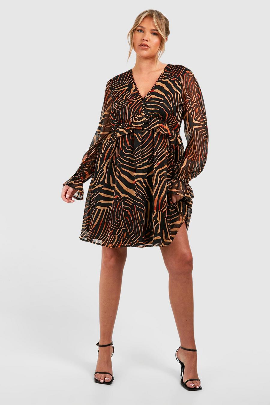 Vestito grembiule Plus Size in chiffon con stampa animalier, Leopard image number 1