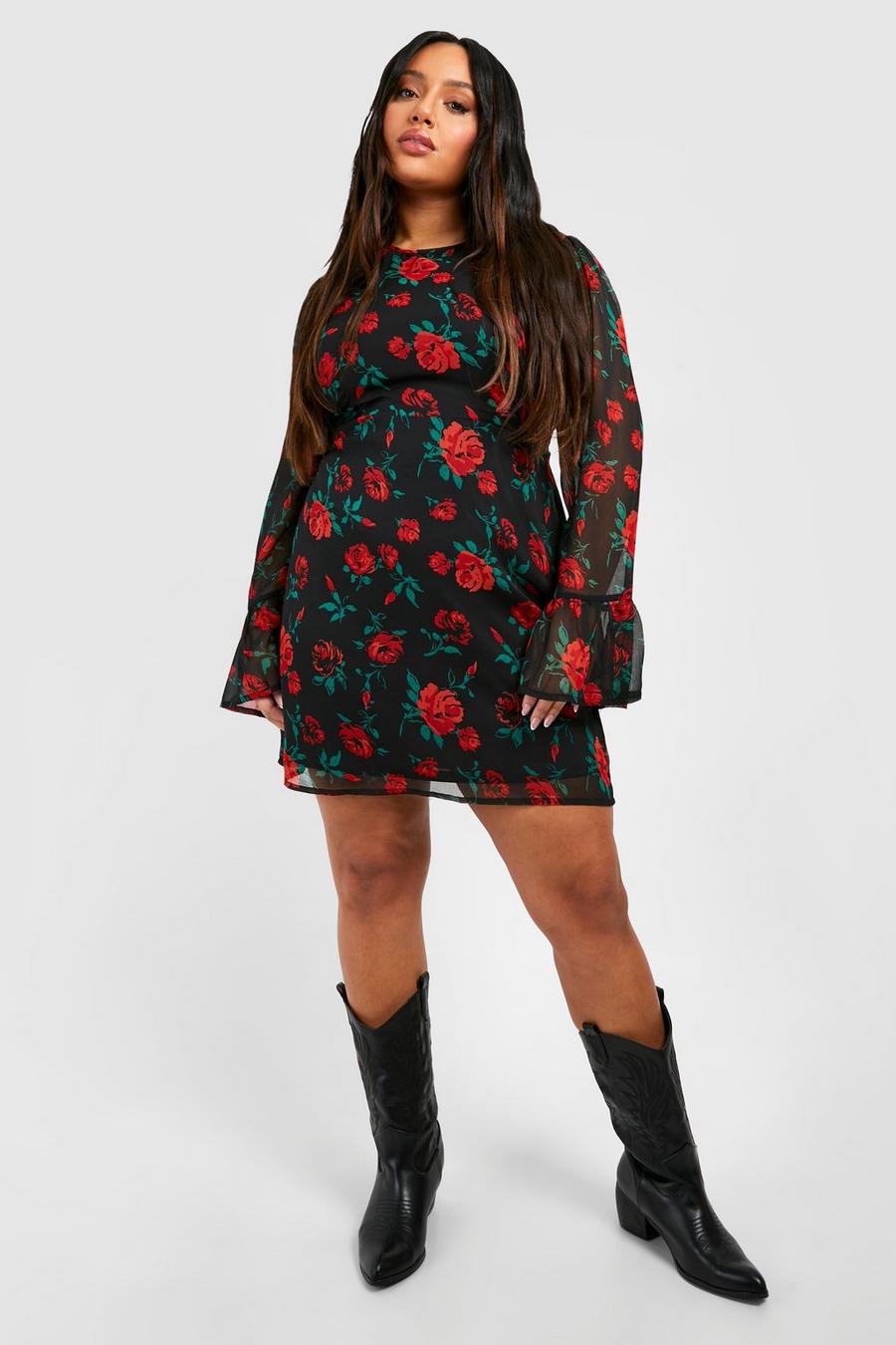 Red Plus Rose Print Flare Sleeve Chiffon Shift Dress image number 1
