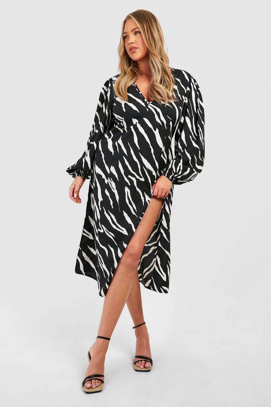 Black Plus Animal Print Blouson Sleeve Midi Dress