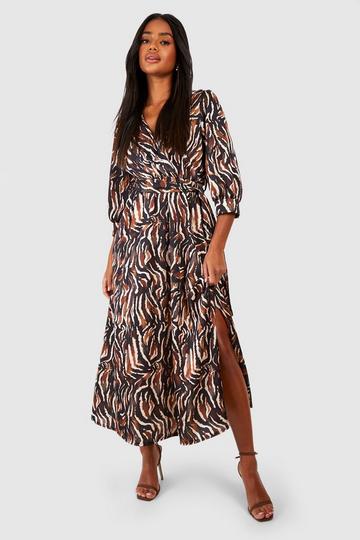 Satin Animal Print Wrap Front Shirt Dress black